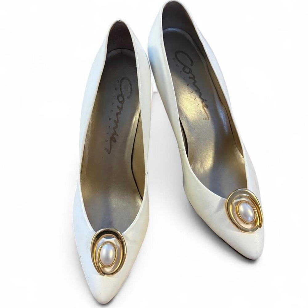 Connie Collections Vintage White Leather Pearl Gold Detail Bridal Heels